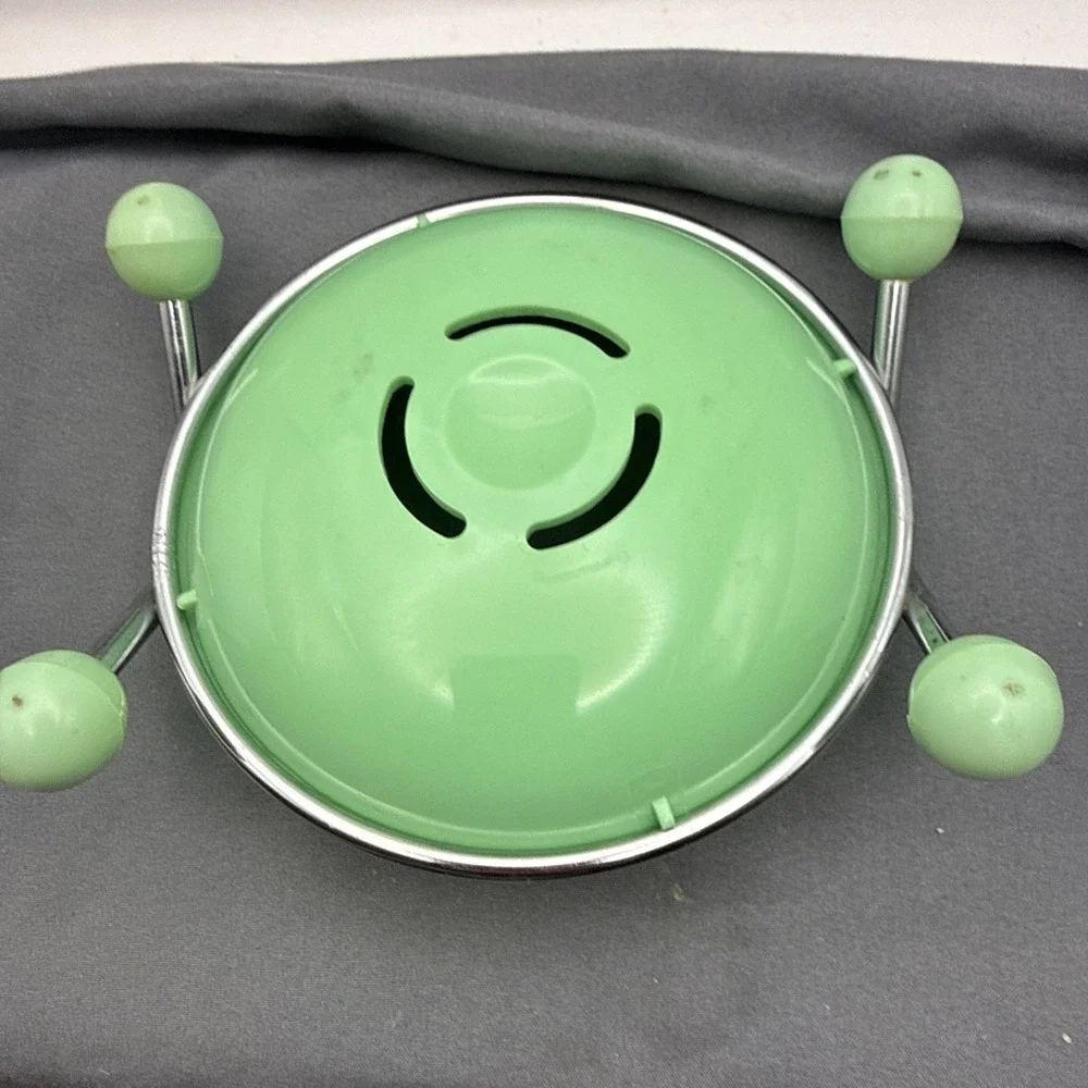 vintage green melamine Soap Dish Round With Metal Arms With Green Ball Feet